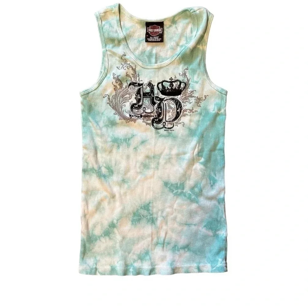 Harley Davidson 2007 Women’s Medium Tank Top Ribbed‎ Blue White Tie Dye EUC